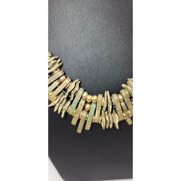 Olive Green Stone Beaded Bib Necklace with Gold Half Moons - Picture 7 of 7